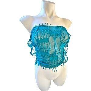 Vintage Teal Fringed Sheer Scarf Top Adjustable
